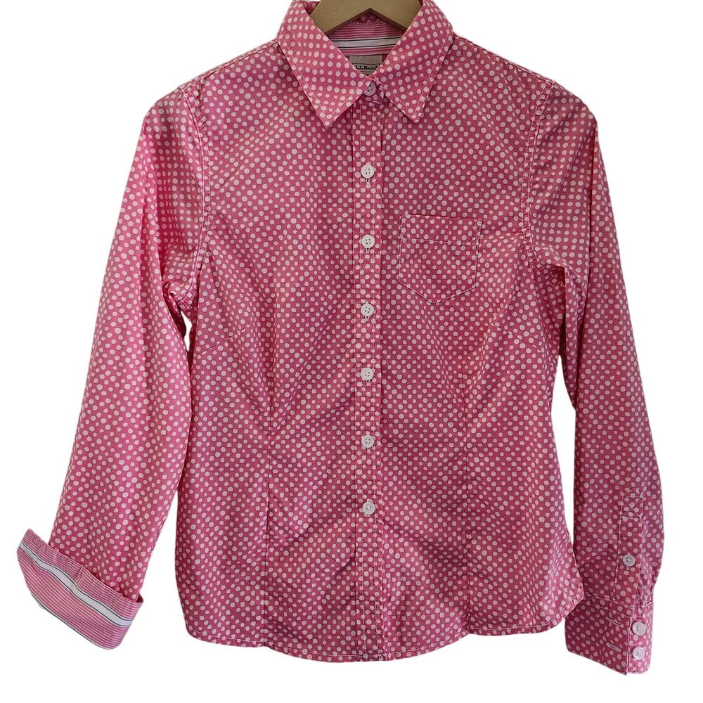 L.L. Bean Pink White Polka Dot Long Sleeve Button Down Shirt Size X-Small